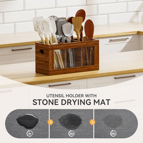 Bamboo Kitchen Utensil Holder with Drying Stone and 6 Compartments