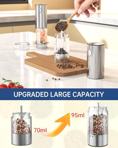 Electric Salt and Pepper Grinder Set Rechargeable Stainless Steel Salt and Pepper Shakers with LED Light and Storage Base (2 Count)