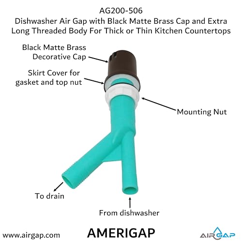 Dishwasher Air Gap with Skirted Black Matte Brass Cap and Extra Long Threaded Body for Thick or Thin Kitchen Countertops