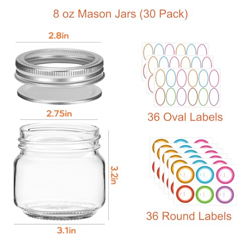 30 Pack Mason Jars 8oz with Silver Lids and Bands (30 Count)