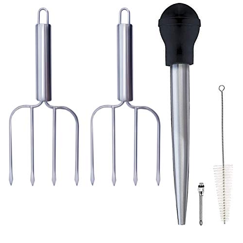 Stainless Steel Turkey Baster Syringe and Poultry Lifters fork Set of 2 (2 Count)