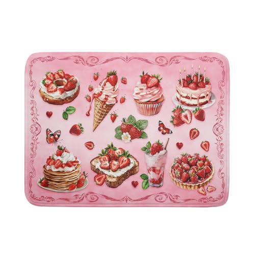 Strawberry Dish Drying Rack Mat Pink Absorbent Microfiber Dish Drying Mat for Kitchen Counter 18x24 In