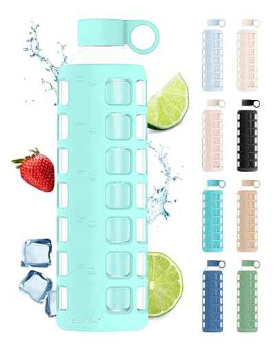 40oz / 32oz / 22oz / 12oz Borosilicate Glass Water Bottle with Time & Volume Markers, Silicone Sleeve, Stainless Steel Lid | Reusable Glass Bottle for Water & Juice (32oz Glow-in-the-Dark)