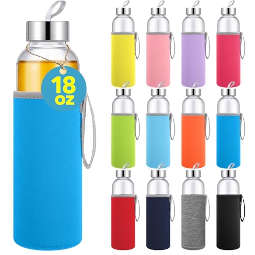 12 Pack Glass Water Bottles with Sleeves (12 Count)