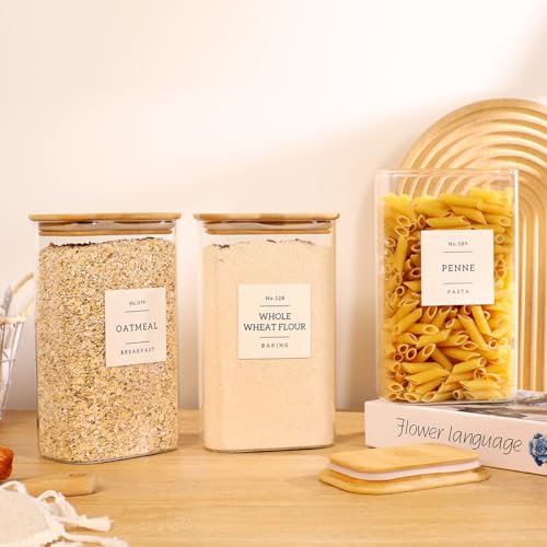 3 Pack Square Glass Pantry Storage Containers with 132 Kitchen Food Pantry Labels
