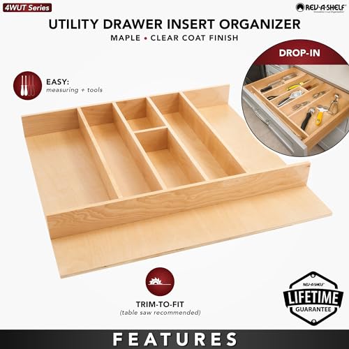 Trim-to-Custom-Fit Silverware Drawer Organizer For Kitchen Utensils, Cutlery Cabinet Storage Divider Insert, 23.98 x 21.97 In, Maple Wood, 4WUT-3