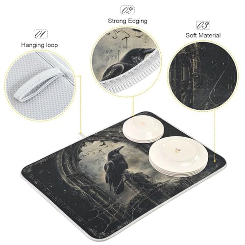 Halloween Crows Dish Drying Mat for Kitchen Counter Absorbent Microfiber Large Drying Pad Dish mats for Kitchen Countertops 18 x 24 Inch