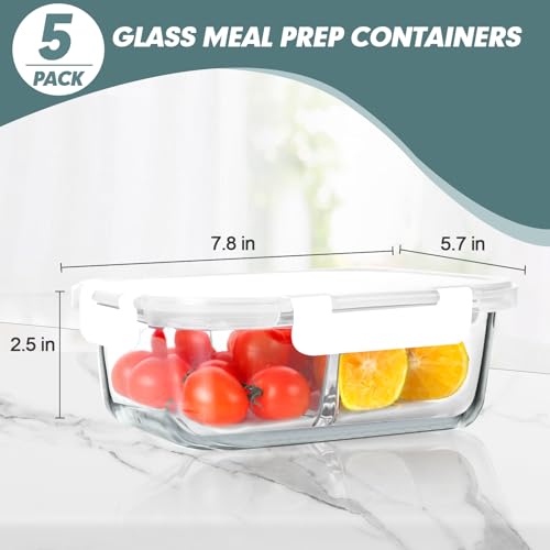 30 oz 5 Pack Glass Meal Prep Containers 2 Compartments (5 Count)