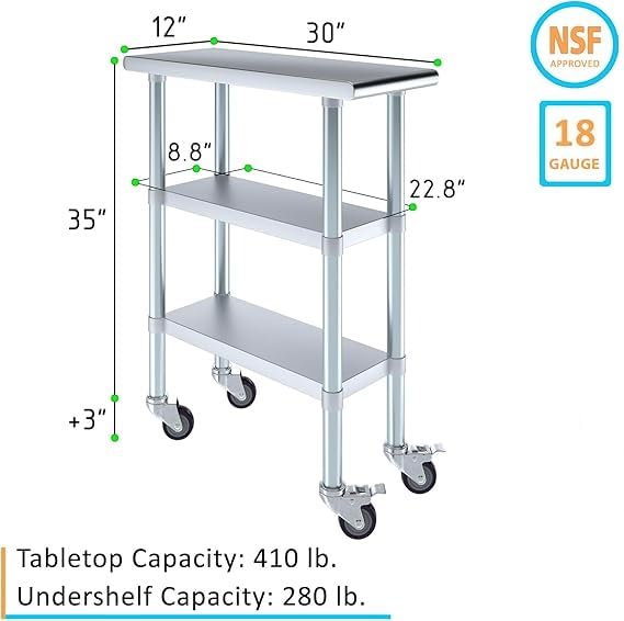 Stainless Steel Work Table with 2 Shelves and Casters