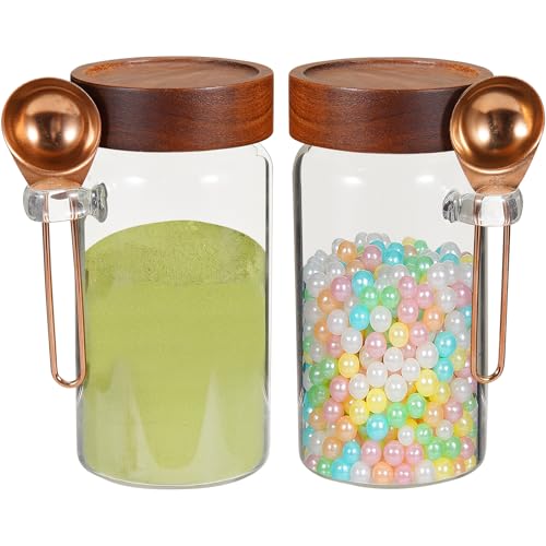 18 oz Glass Spice Jars with Spoons Wooden Airtight Lid Sugar Coffee Ground Canister Round Glass Food Storage Container for Herb Seasoning Cookies Tea Condiment Salt