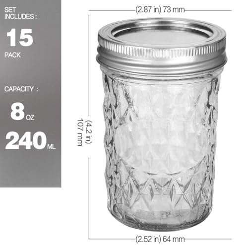 Mason Jars 15 PACK 8 OZ Canning Jars Jelly Jars With Regular Lids (15 Count)