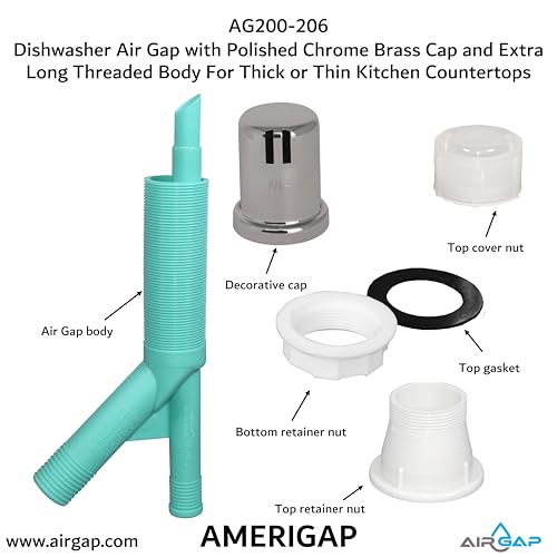 Dishwasher Air Gap with Skirted Polished Chrome Brass Cap and Extra Long Threaded Body for Thick or Thin Kitchen Countertops