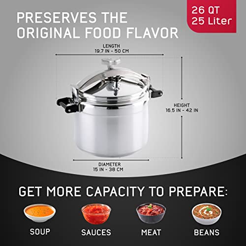Large) 26-Quart Aluminum Pressure Cooker for Professional Use – Commercial-Grade, 1 Safety Valve, Reinforced Handles, Easy-Open Lid, – Ideal for Large Kitchens, and Restaurants