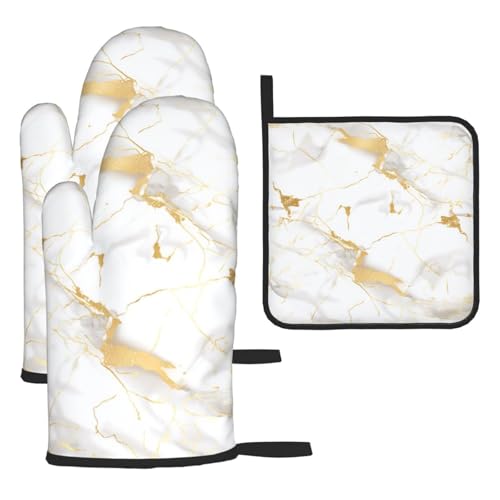 White Gold Marble Oven Mitts and Pot Holders Sets of 3 Heat Resistant Oven Gloves Hot Pads Non (4.33 Count)