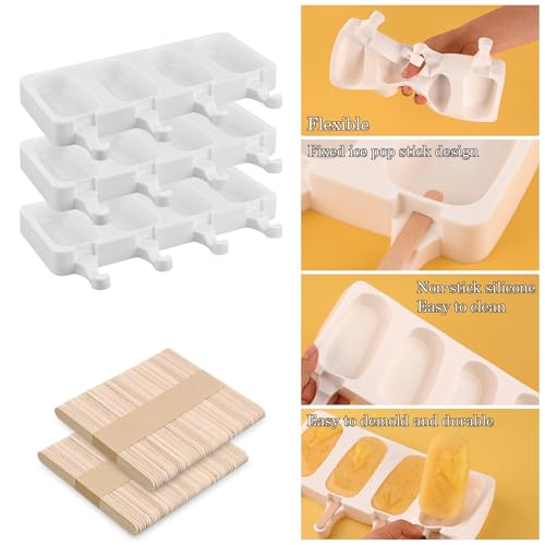 3 Pcs 4 Cavity Mini Popsicle Silicone Molds with 100 Wooden Sticks (124 Count)