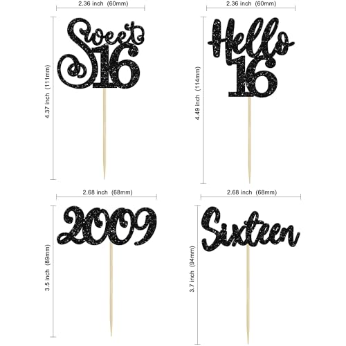 24Pcs Happy 16th Birthday Cupcake Toppers Glitter Hello 16 Sweet 16 Cupcake Picks 2009 Sixteen Old Birthday Cake Decorations for 16th Birthday Anniversary Party Supplies Black (24 Count)