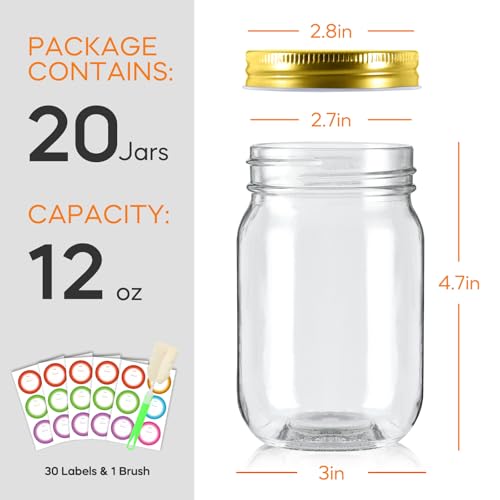 20 Pack 12oz Mason Jars with Gold Lids (20 Count)