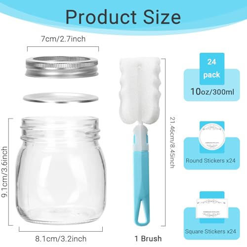 24 Pack 10 oz Clear Glass Mason Jars with Silver Metal Split Lids (24 Count)