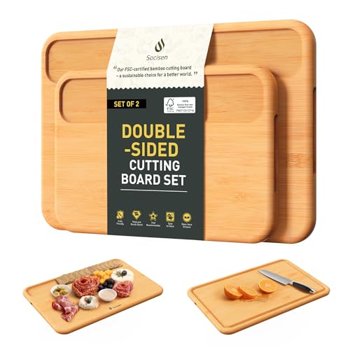 2 Packs Natural Wood Cutting Board Set Non Toxic Bamboo Cutting Boards with Juice Groove Wooden Chopping Board Ideal Charcuterie for Meat Fruit Vegetables Cheese Hardwood Kitchen Counter Kit (2 Count)
