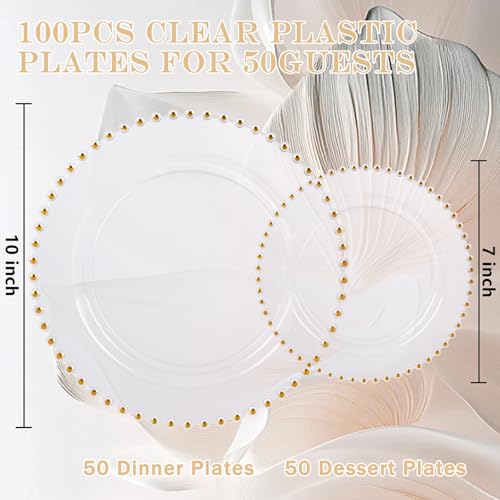 100pcs Clear Plastic Plates with Gold Beads for Bridal Showers (100 Count)