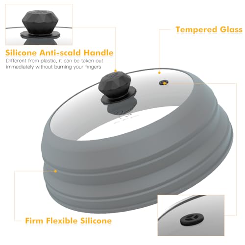 Microwave Splatter Cover Vented Glass Splatter Guard Lid with Collapsible Silicone for Food as Pot Cover 11.8 inch Large Plate for 6 7 8 9 10 11 inch Plate Bowl Light Grey