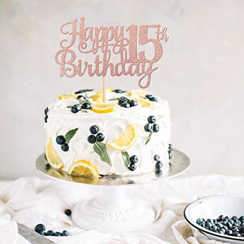 1 PCS Happy 15th Birthday Cake Topper Glitter Cheers to 15 Years Birthday Cake Pick Mis Quince 15 Fabulous Cake Decoration for Happy 15th Birthday Theme Party Decorations Supplies Rose Gold