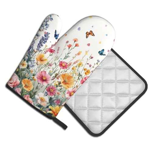 Spring Flower Oven Mitts and Pot Holder Kitchen Accessories Sets Botanical Floral Heat Resistant BBQ Cooking Oven Gloves Washable Hot Pads