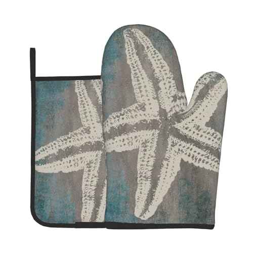 Vintage Starfish Oven Mitts and Pot Holder Set of 2 Coastal Beachy Nautical Heat Resistant Oven Glove Potholders for Kitchen Cooking Baking