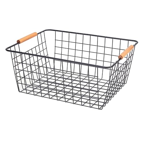 Large black wire basket for Organizing with Wooden Handles