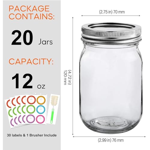 20 Pack 12oz Mason Jars with Silver Lids and Bands (20 Count)