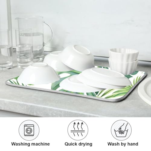 Green Monstera Palm Leaves Dish Drying Mat for Kitchen Counter Absorbent Microfiber Drying Pad