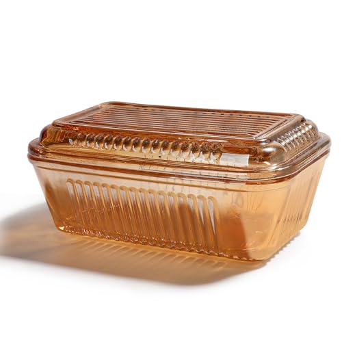 Wide Vintage Country Amber Glass Butter Dish with Lid