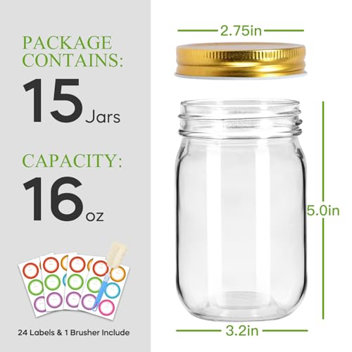 Glass Mason Jars 16 oz (15 Count)