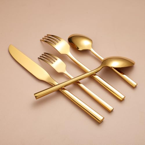 Mirror Silverware Set Gold Flatware Set with Hexagon Handle 20 Pieces 18 (20 Count)