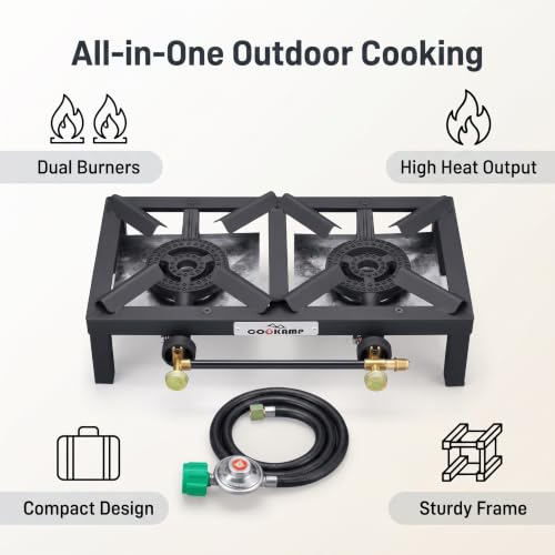 Propane Double Burner Angle Iron Camp Stove with CSA Listed Regulator and 4ft Hose