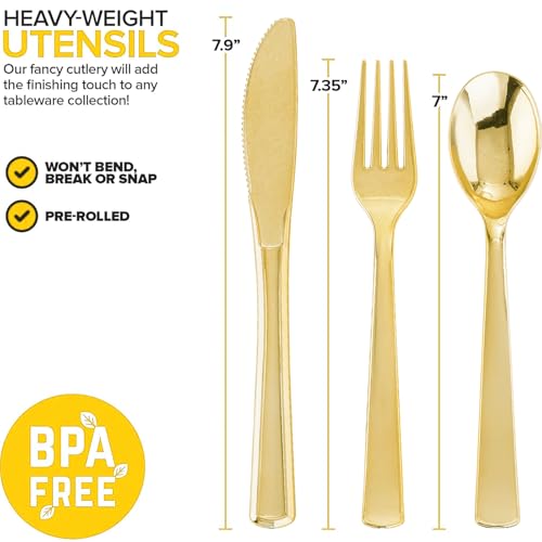 400PCS Pre Rolled Gold Plastic Silverware Set Heavy Duty for Wedding (400 Count)
