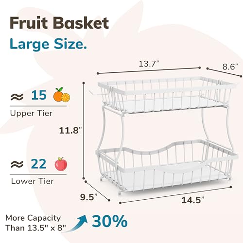 Large 2 Tier Fruit Basket for Kitchen Counter with 2 Banana Hangers (2 Count)