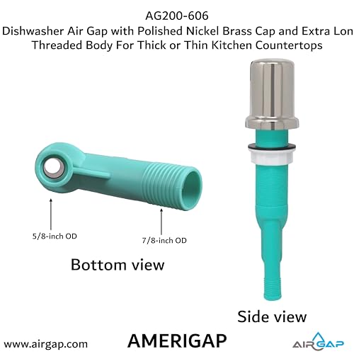 Dishwasher Air Gap with Skirted Polished Nickel Brass Cap and Extra Long Threaded Body for Thick or Thin Kitchen Countertops