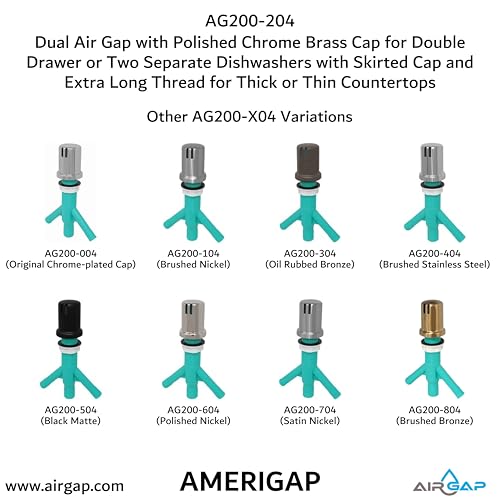 Dual Air Gap with Polished Chrome Brass Cap for Double Drawer or Two Separate Dishwashers with Skirted Cap and Extra Long Thread for Thick or Thin Countertops