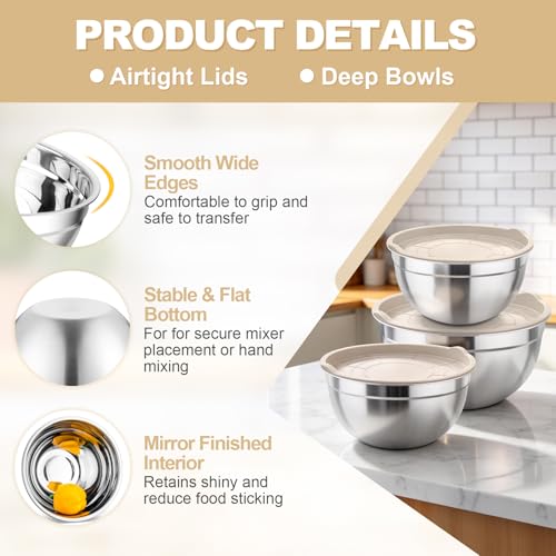 Mixing Bowls Stainless Steel Nesting Salad Bowls & Airtight Lids (3 Count)