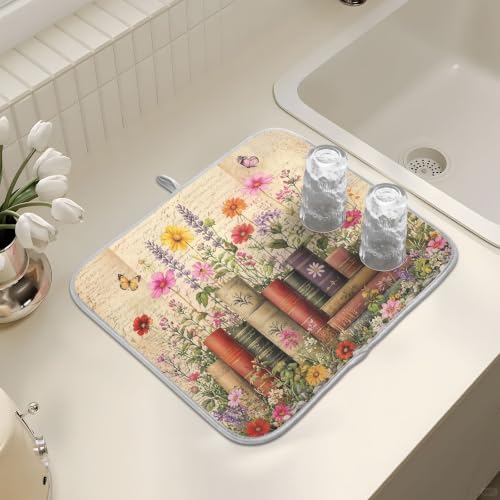 Vintage Books Shelf Dish Drying Mat for Kitchen Counter Absorbent Microfiber Large Drying Pad Dish mats for Kitchen Countertops 18 x 24 Inch