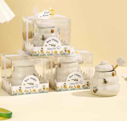 Ceramic Bee Happy Honey Pot with Dipper (12 Count)