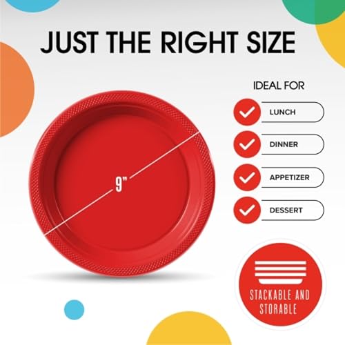 Sturdy Red Plastic Plates 9" Party Plates 100 Pcs (100 Count)