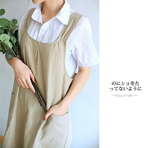 Japanese Linen Cross Back Kitchen Cooking Aprons for Women with Pockets Cute for Baking Painting Gardening Cleaning Khaki