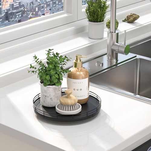 10 Inch Oak Lazy Susan Countertop Organizer with Black Metal Rail