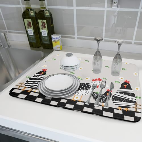 Black Rooster Dish Drying Mat for Countertop 18x24 Inches Buffalo Plaid Microfiber Drainer Rack Pads Fast Dry Dishes Mats Kitchen Accessories