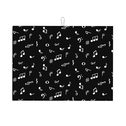 Music Notes Dish Drying Mat for Kitchen Counter Musicial Dish Drainer Rack Mats 16x18 Inches Absorbent Reversible Black Drying Pad