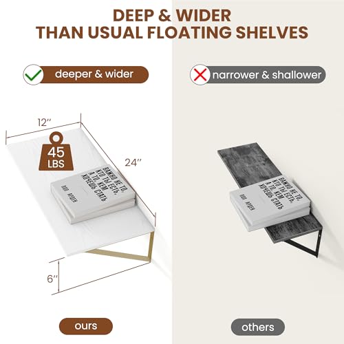24W x 12D Deep Floating Shelves Set of 2 White & Gold (2 Count)