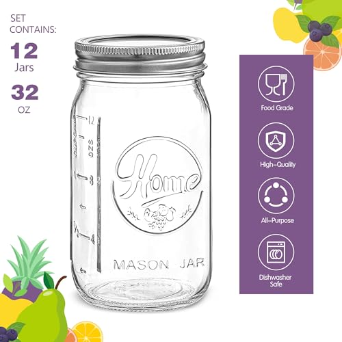 12 Pack Wide Mouth Mason Jars 32 oz (12 Count)