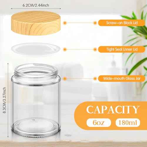 24 Pcs 6oz Glass Jars with Lids Empty Small Glass Containers and Inner Liners Reusable Cosmetic Jars Round Airtight Bottles with Plastic Wood Grain Lids for Travel (24 Count)